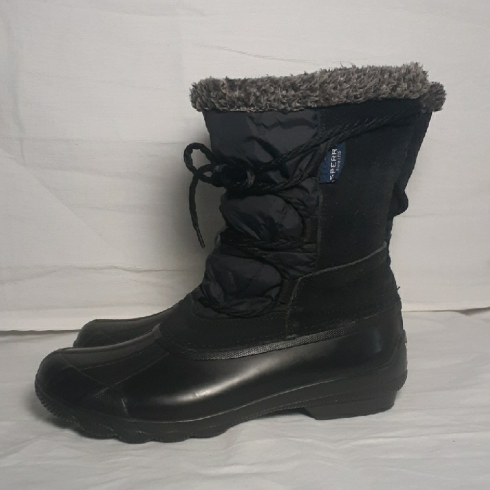 Sperry Women's Black Size 7.5M Winter Boots Gray Trim Faux Fur